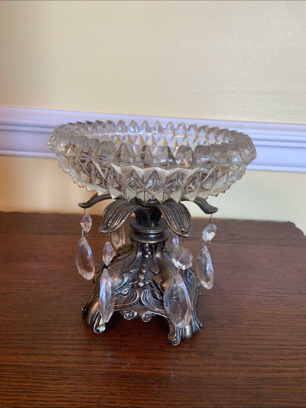 Hollywood Regency Elegant Glass Crystal Compote with Metal Base